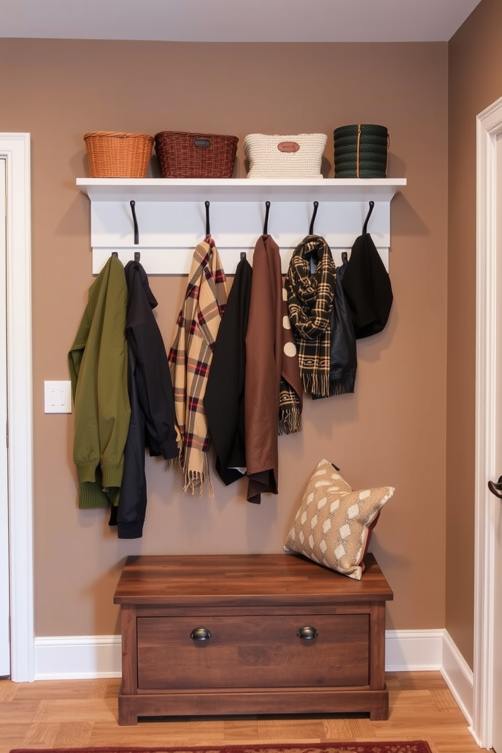 A cozy mudroom adorned with natural elements such as pinecones and acorns. The space features a rustic wooden bench with storage underneath, complemented by hooks for hanging jackets and bags. The walls are painted in a soft earth tone, creating a warm ambiance. A woven basket filled with pinecones sits beside the bench, while acorns are scattered decoratively on a nearby shelf.