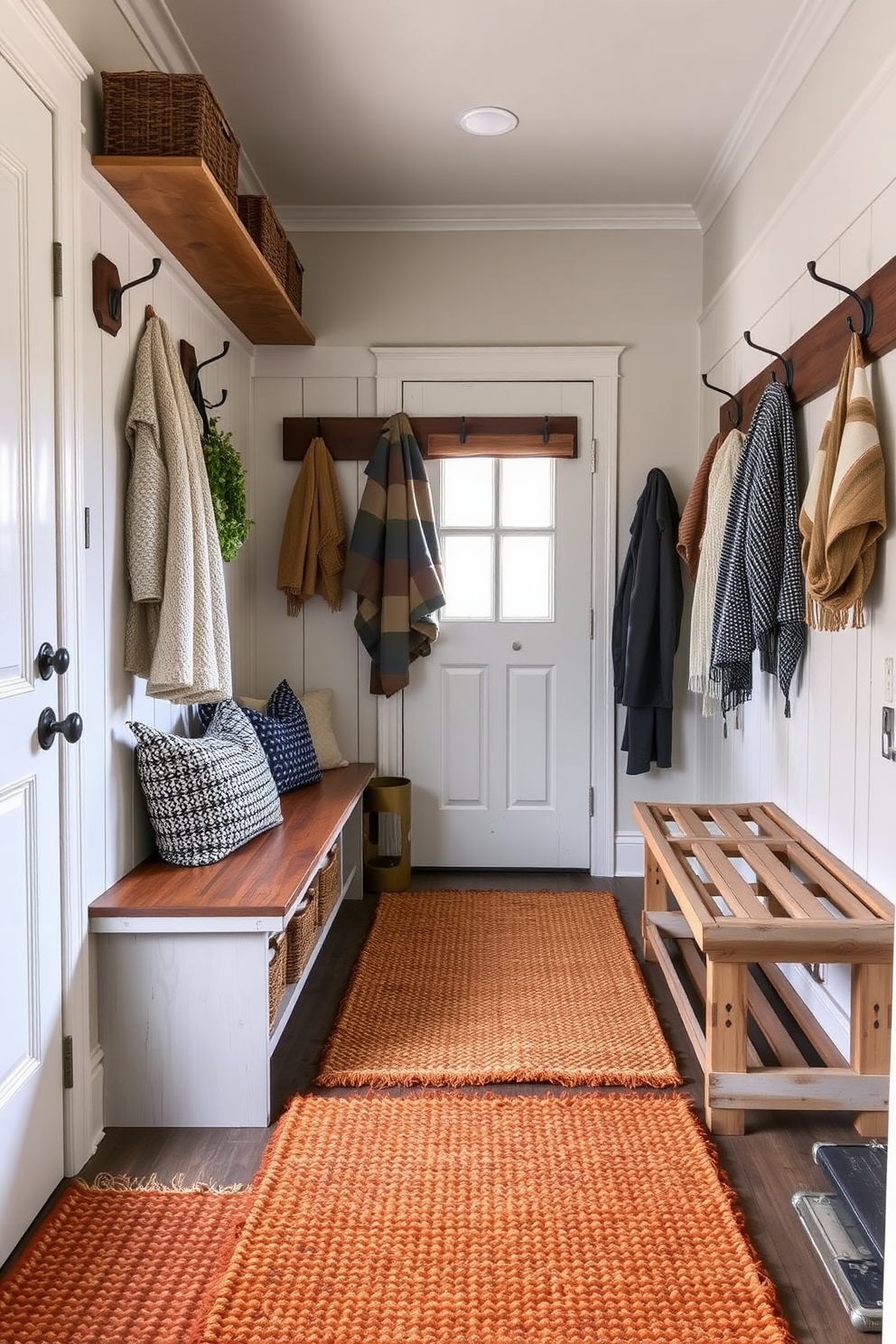 A cozy mudroom decorated for fall features a warm color palette with rich oranges and deep browns. Rustic wooden shelves hold an assortment of candles in fall scents like pumpkin spice and cinnamon, creating a welcoming ambiance. The floor is lined with a soft, textured rug in autumn hues, while a vintage bench provides a comfortable spot to sit. Seasonal decor, including small pumpkins and dried leaves, adds a touch of charm to the space.