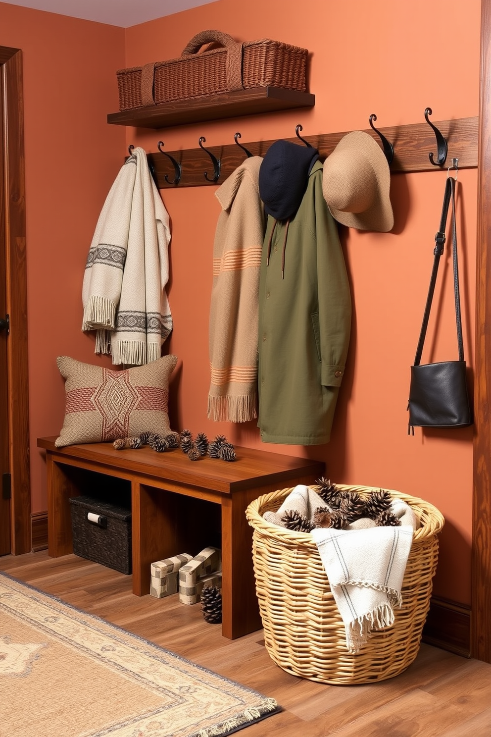 A cozy mudroom adorned with rustic charm. Pinecones are scattered across a wooden bench, adding a natural touch to the space. The walls are painted in warm earth tones, complemented by a woven basket filled with cozy blankets. Hooks line the wall, showcasing stylish coats and hats for a practical yet inviting atmosphere.