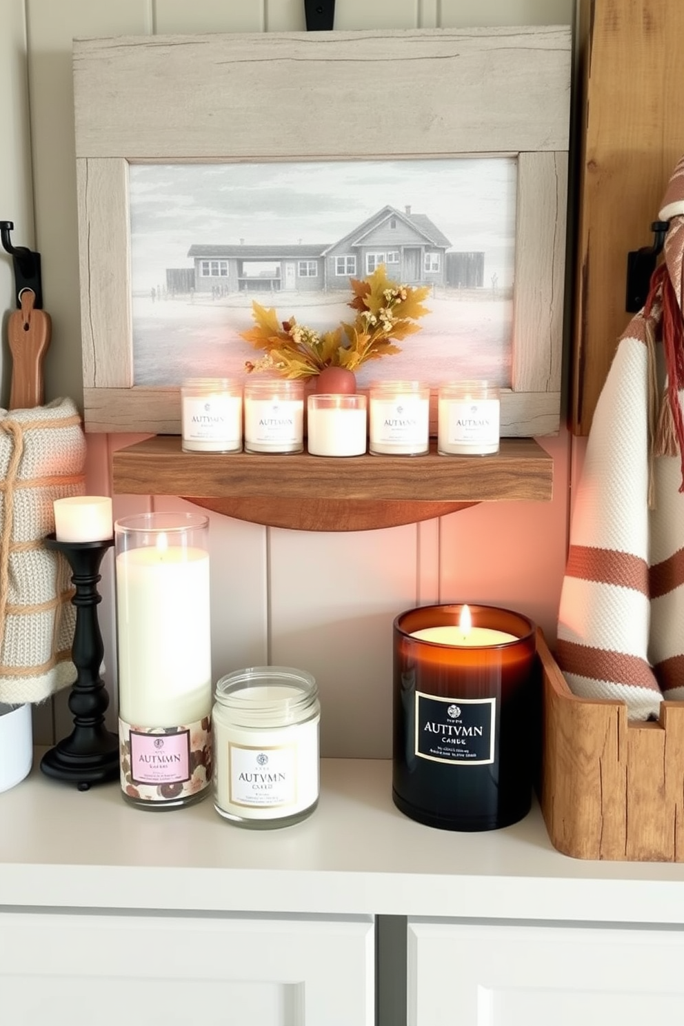 A cozy mudroom adorned with scented candles featuring autumn fragrances. The space is enhanced by warm, earthy tones and rustic wooden accents, creating an inviting atmosphere.