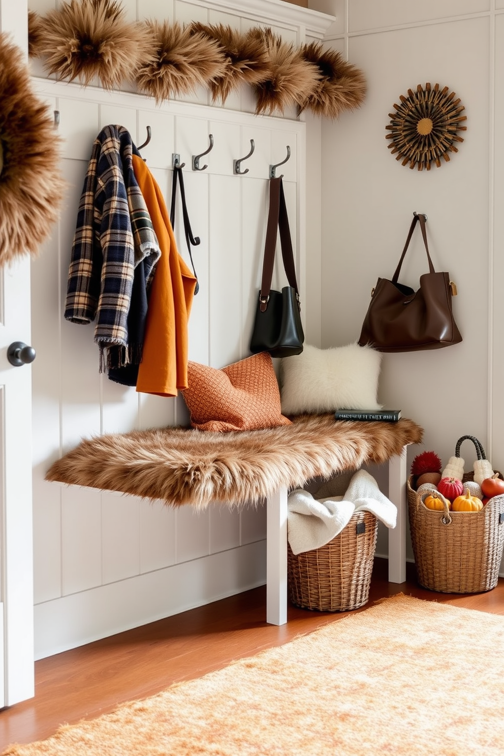 A cozy mudroom adorned with faux fur accents to provide warmth and comfort. The space features a bench upholstered in soft faux fur, with stylish hooks on the wall for hanging jackets and bags. The floor is covered with a textured area rug in autumn colors, creating a welcoming atmosphere. Decorative baskets filled with seasonal items are placed nearby, adding both function and charm to the decor.