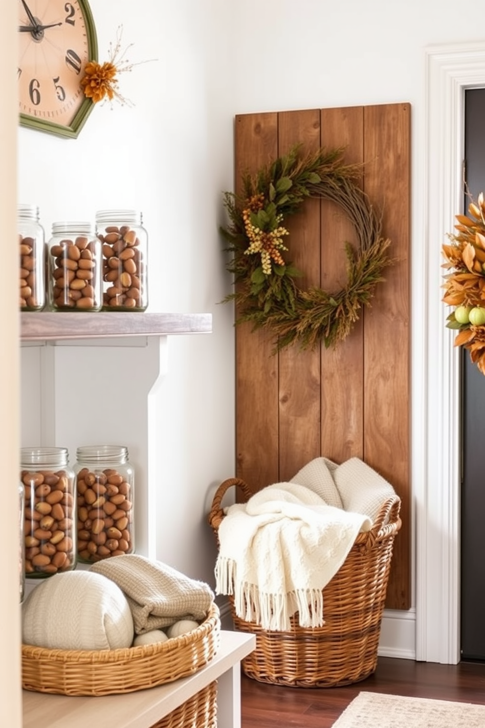 A collection of decorative gourds in various shapes and colors is artfully arranged on a sleek entryway table. The table is made of reclaimed wood, providing a rustic contrast to the vibrant hues of the gourds, while a soft, warm light illuminates the display. The mudroom features a cozy and inviting design with seasonal fall decor. Woven baskets hold scarves and gloves, while a charming bench is adorned with plaid cushions, creating a functional yet stylish space for transitioning from outdoors to indoors.