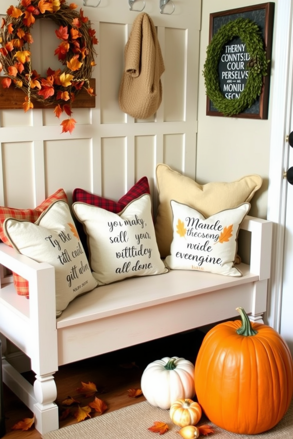 Seasonal throw pillows adorned with inspirational quotes are arranged on a cozy bench in the mudroom. The space features warm autumn colors, with pumpkins and leaves artfully placed around the room to enhance the fall ambiance.