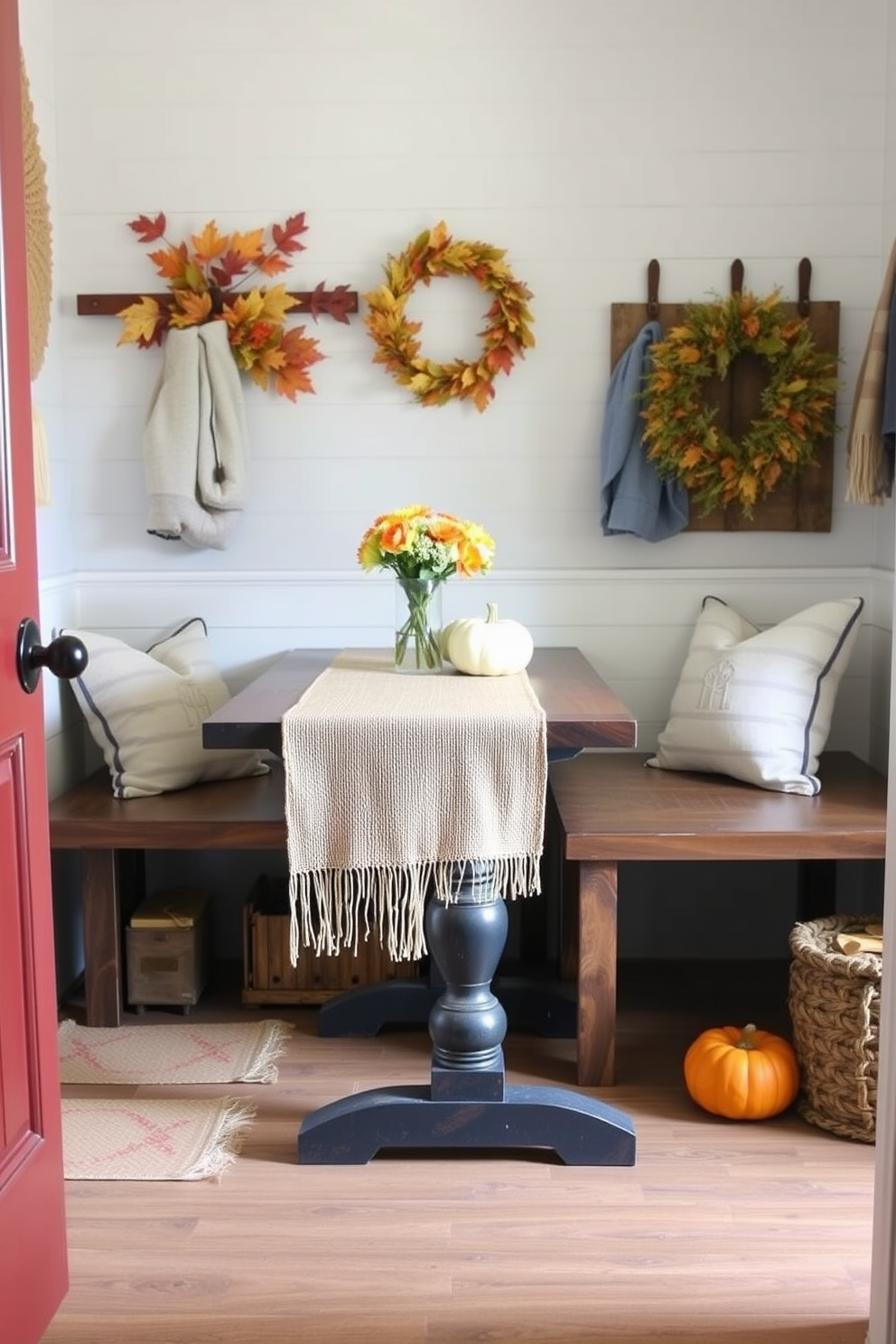 A cozy mudroom designed for fall. There are decorative trays made of reclaimed wood for organizing keys and mail, accented with small pumpkins and seasonal foliage. The walls are painted in a warm taupe color, creating an inviting atmosphere. A woven basket sits in the corner, filled with cozy blankets for chilly days.