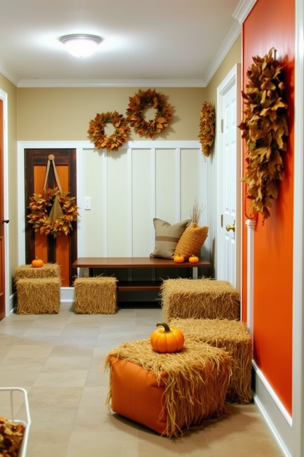 A cozy mudroom adorned with miniature hay bales as decor. The space features warm wood accents and a rustic bench, creating an inviting atmosphere for autumn. The walls are painted in a soft beige, complemented by a vibrant orange accent wall. Seasonal wreaths made of dried leaves and small pumpkins are placed strategically around the room for a festive touch.