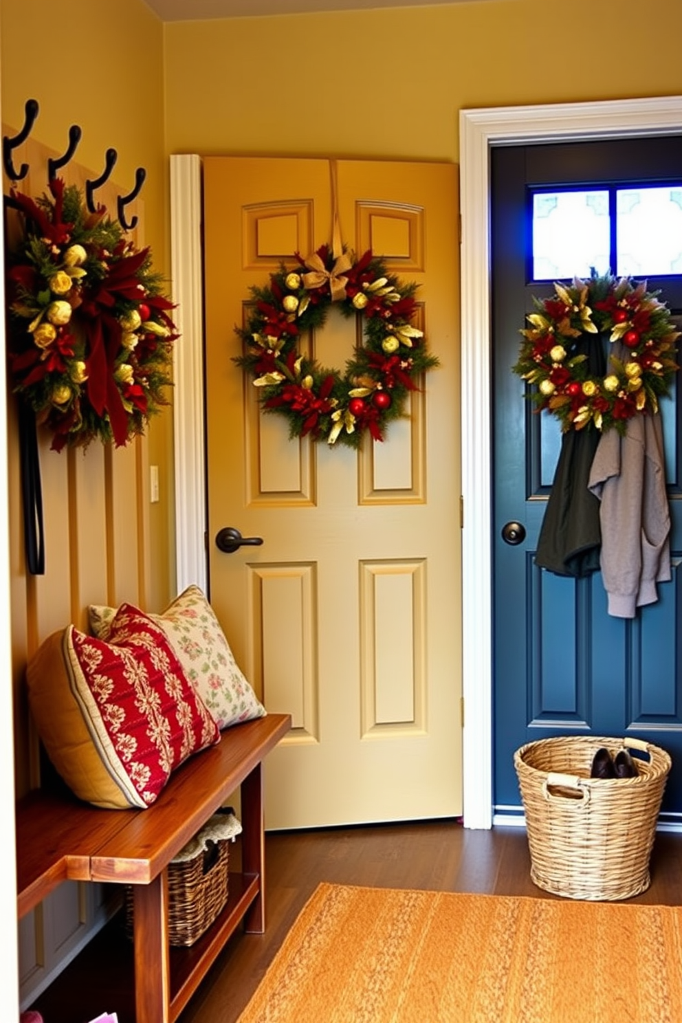 A welcoming mudroom adorned with seasonal wreaths on the door. The space features warm earthy tones with a cozy bench, hooks for jackets, and a basket for shoes.