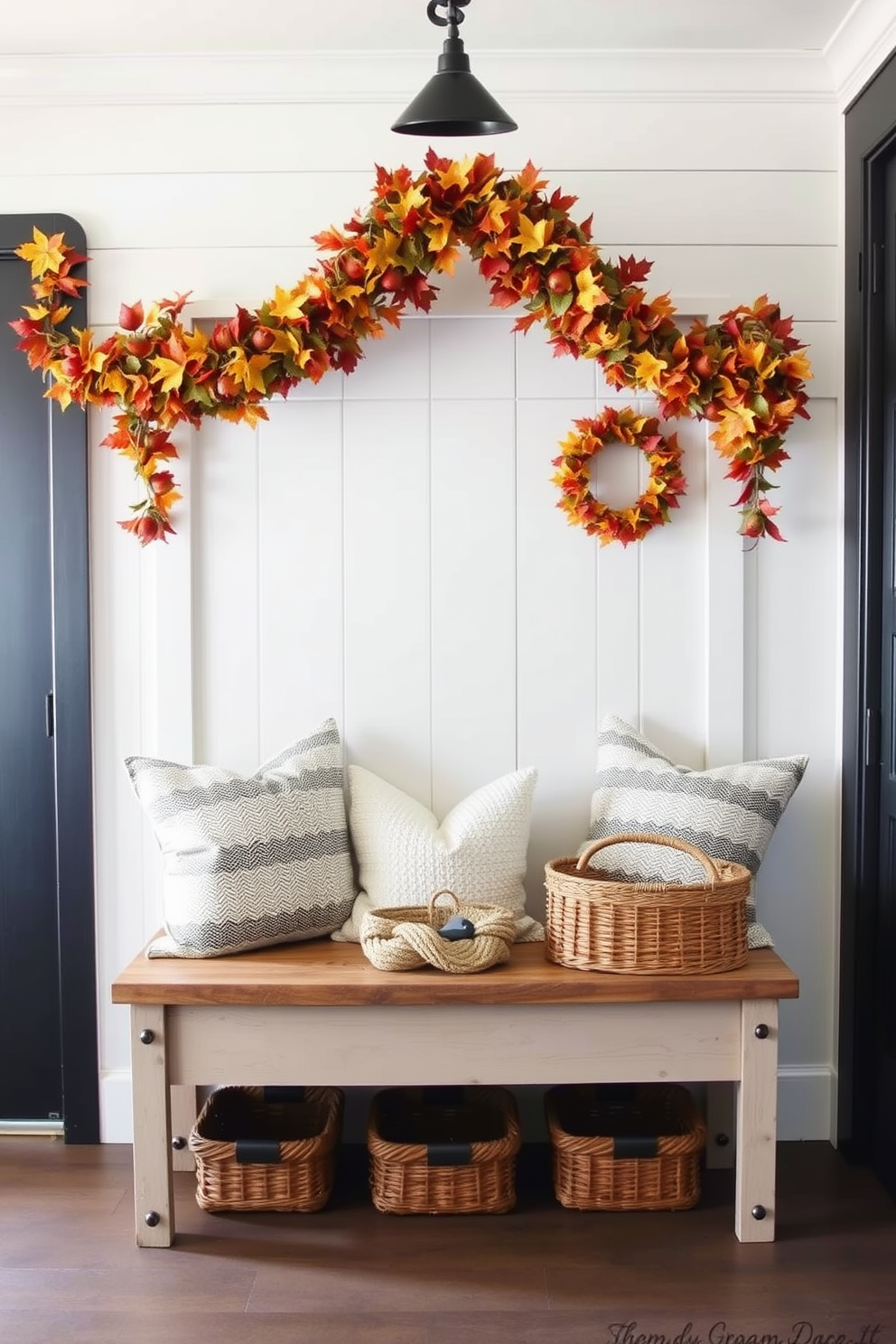 A cozy mudroom adorned with autumn-colored garlands draped above the entrance. The space features a rustic bench with plush cushions and a collection of woven baskets for storage.