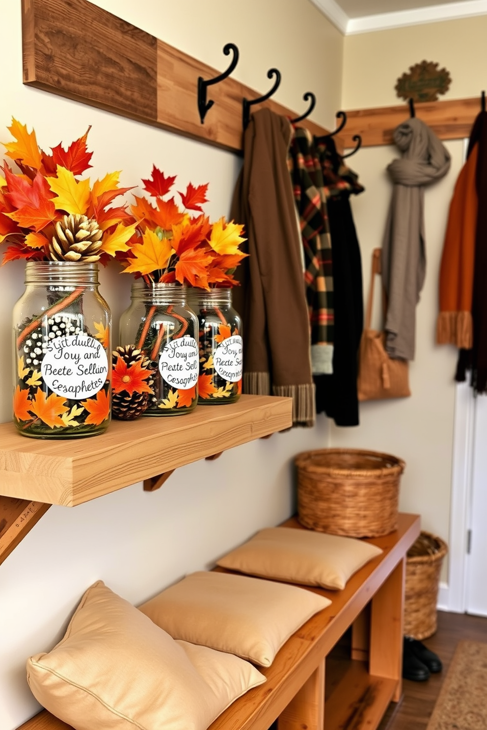 Colorful leaves in various shades of red, orange, and yellow are artfully arranged in clear glass jars placed on a rustic wooden bench. The mudroom features a warm, inviting atmosphere with a backdrop of soft beige walls and a cozy area rug that complements the autumn theme.