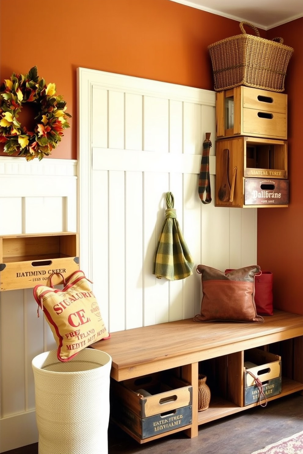 A cozy mudroom featuring vintage wooden crates stacked for additional storage. The walls are adorned with warm autumn colors, and a rustic bench provides a welcoming seating area.