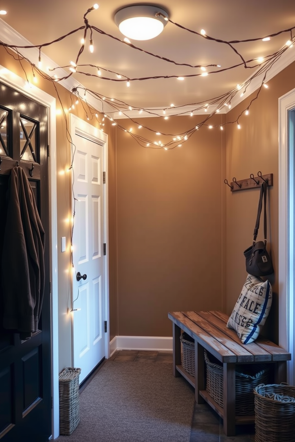 A cozy mudroom adorned with string lights creating a warm and inviting atmosphere. The walls are painted in soft earth tones, and a rustic wooden bench is placed against one side, complemented by woven baskets for storage.