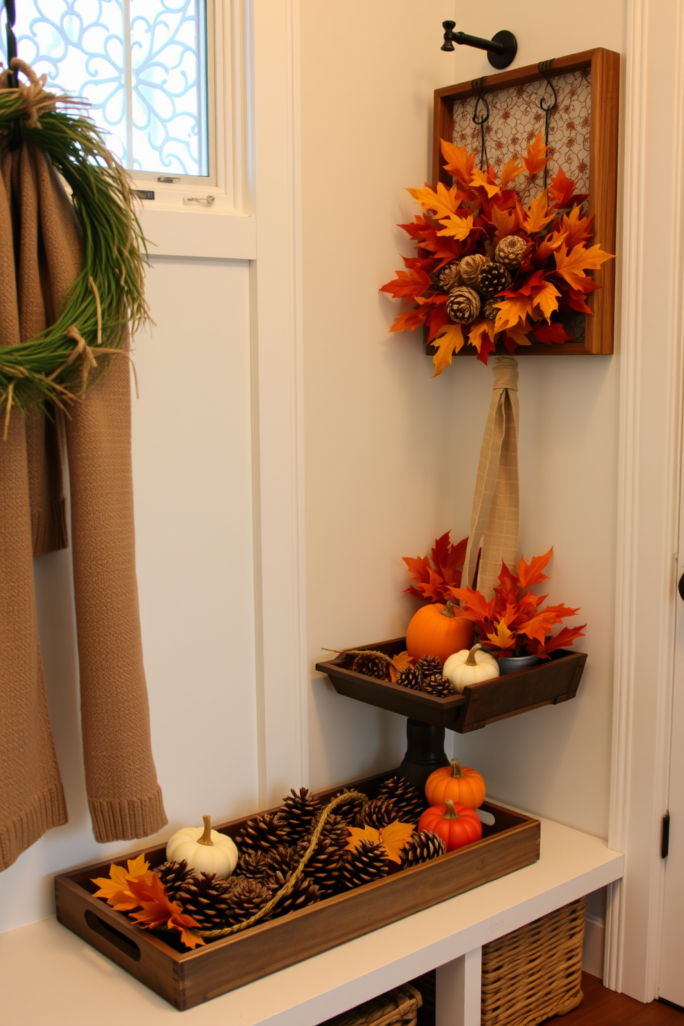 A cozy mudroom adorned with decorative trays featuring seasonal items. The trays are filled with pinecones, small pumpkins, and colorful leaves, creating a warm autumn atmosphere.