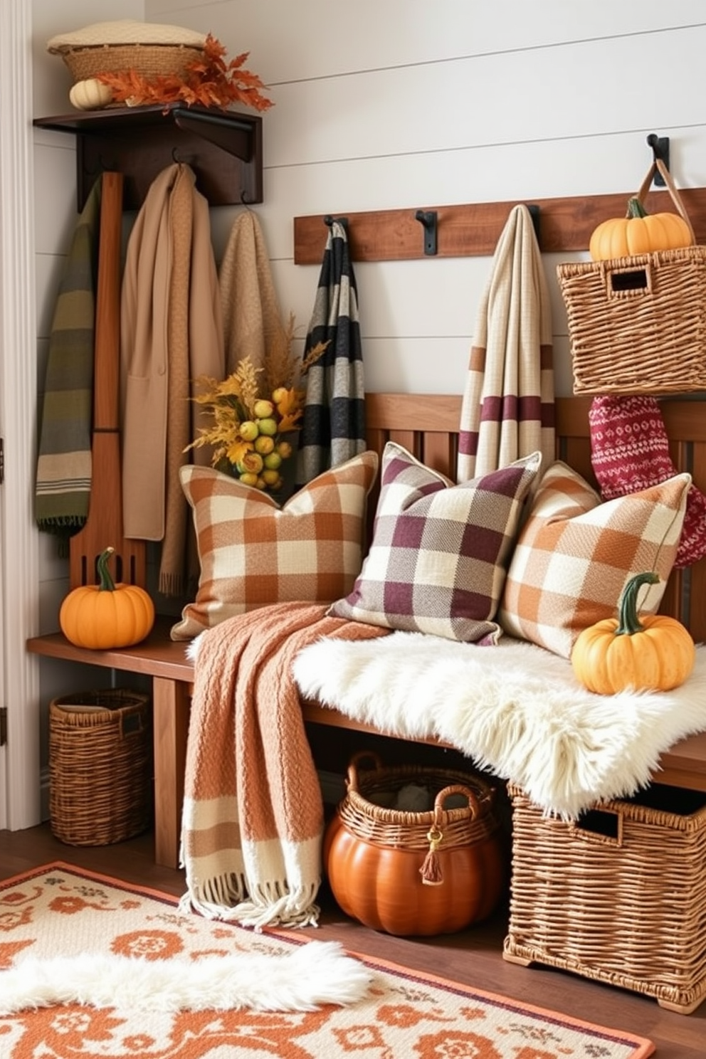 Layered textiles create a warm and inviting atmosphere in the mudroom. Soft throw pillows and a plush area rug complement the wooden bench, while a mix of patterned blankets adds texture and color. Incorporate autumn-inspired decor with pumpkins and seasonal foliage. A stylish coat rack and woven baskets provide both function and charm, making the space both practical and aesthetically pleasing.