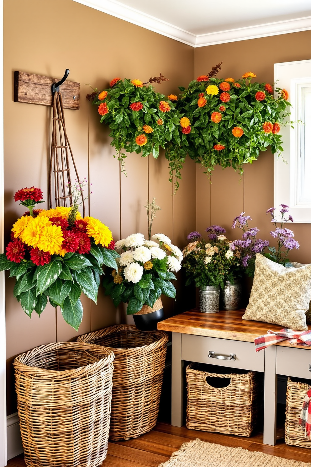 A cozy mudroom adorned with seasonal plants like vibrant mums and delicate asters. The walls are painted a warm taupe, and a rustic wooden bench sits against one side, complemented by woven baskets underneath for storage.