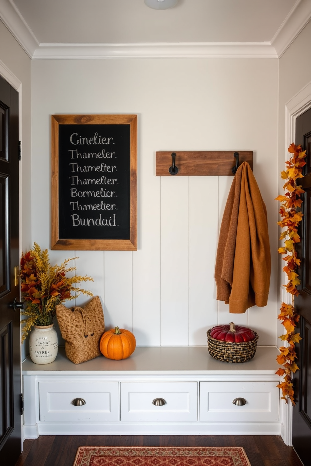 A cozy mudroom features a large chalkboard mounted on the wall for seasonal messages. The space is adorned with warm fall decorations, including pumpkins and garlands of autumn leaves.