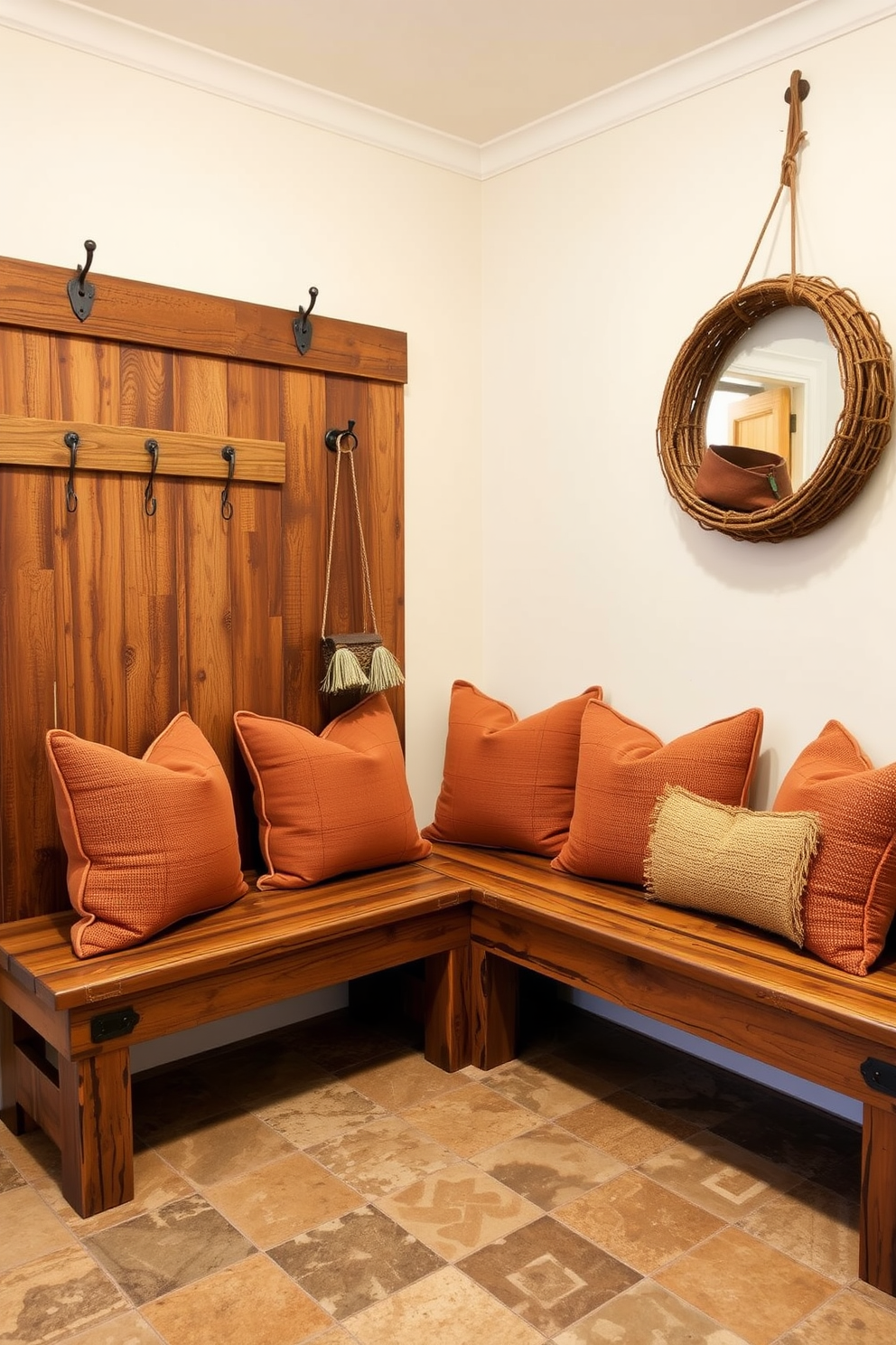 A cozy mudroom features rustic wooden benches adorned with plush cushions in warm earth tones. The walls are painted a soft cream, and the floor is covered with a durable, patterned tile that adds character to the space.