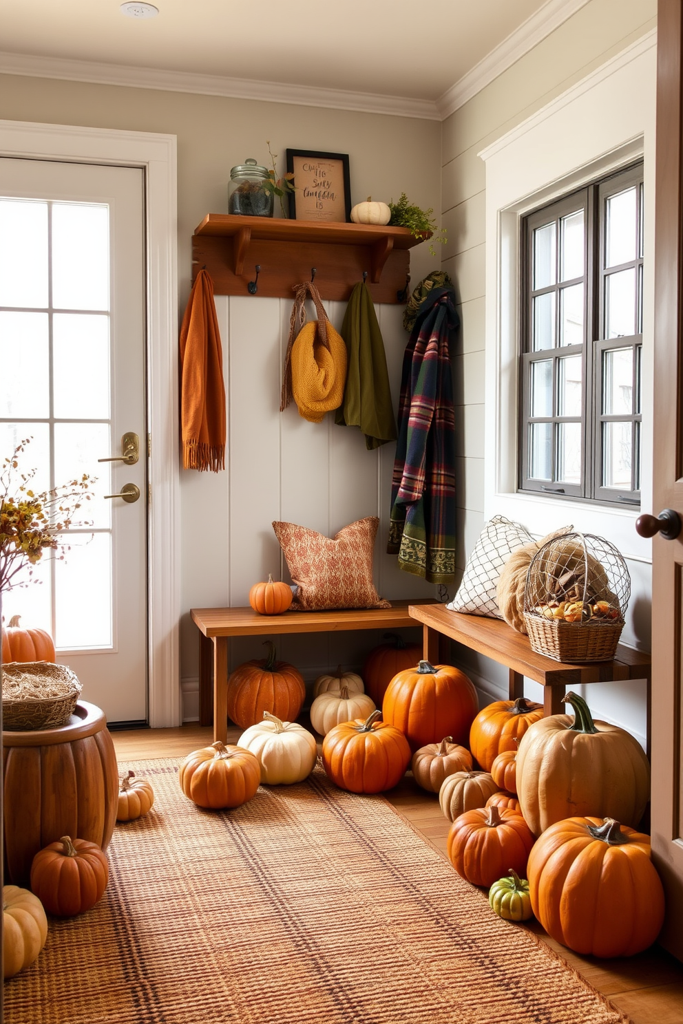 Mini pumpkins arranged on a rustic wooden shelf create a warm and inviting atmosphere. The shelf is adorned with autumn leaves and small decorative gourds, enhancing the seasonal charm. The mudroom features a cozy bench with soft cushions and a plaid throw blanket. Hooks for coats are mounted above, and a woven basket filled with cozy scarves adds to the fall decor.