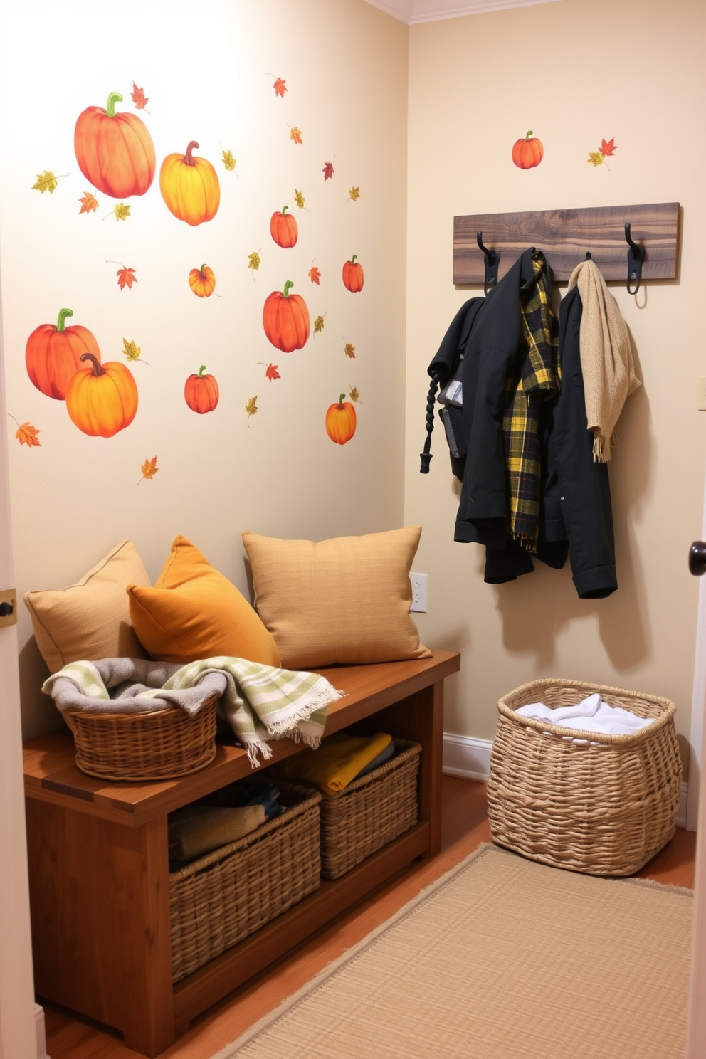 A cozy mudroom adorned with fall-themed wall decals featuring pumpkins and autumn leaves. The space includes a wooden bench with warm-toned cushions and a basket filled with cozy blankets. The walls are painted a soft beige, creating a warm backdrop for the vibrant decals. A rustic coat rack made of reclaimed wood holds jackets and scarves, while a woven rug adds texture to the floor.