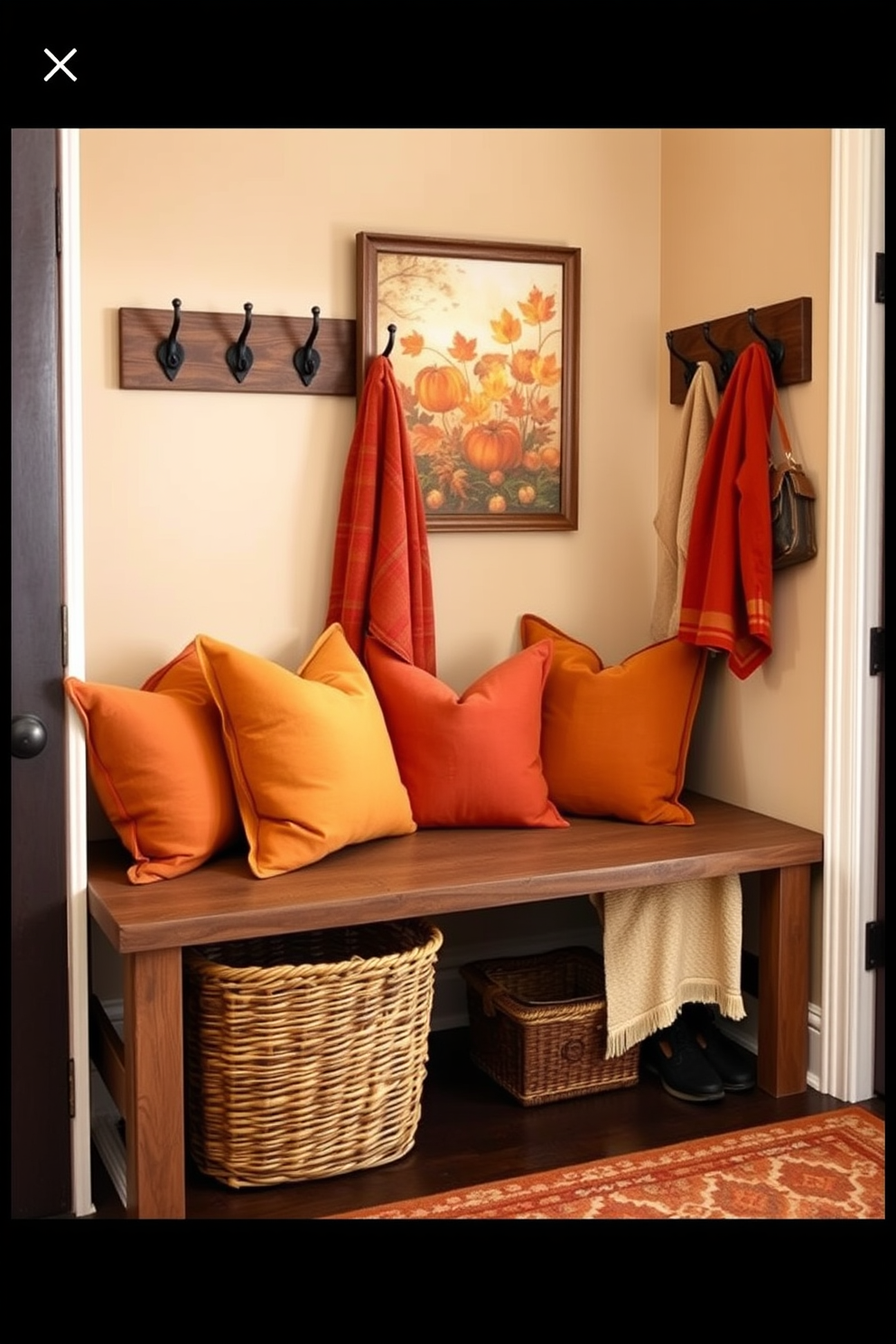 Warm-toned pillows are arranged on a cozy bench in the mudroom, providing both comfort and style. The bench is surrounded by rustic wooden hooks for coats and a woven basket for shoes, creating a welcoming atmosphere. The walls are painted in a soft beige, complemented by autumn-themed artwork that adds a seasonal touch. A patterned rug in warm hues lies beneath the bench, enhancing the inviting feel of the space.