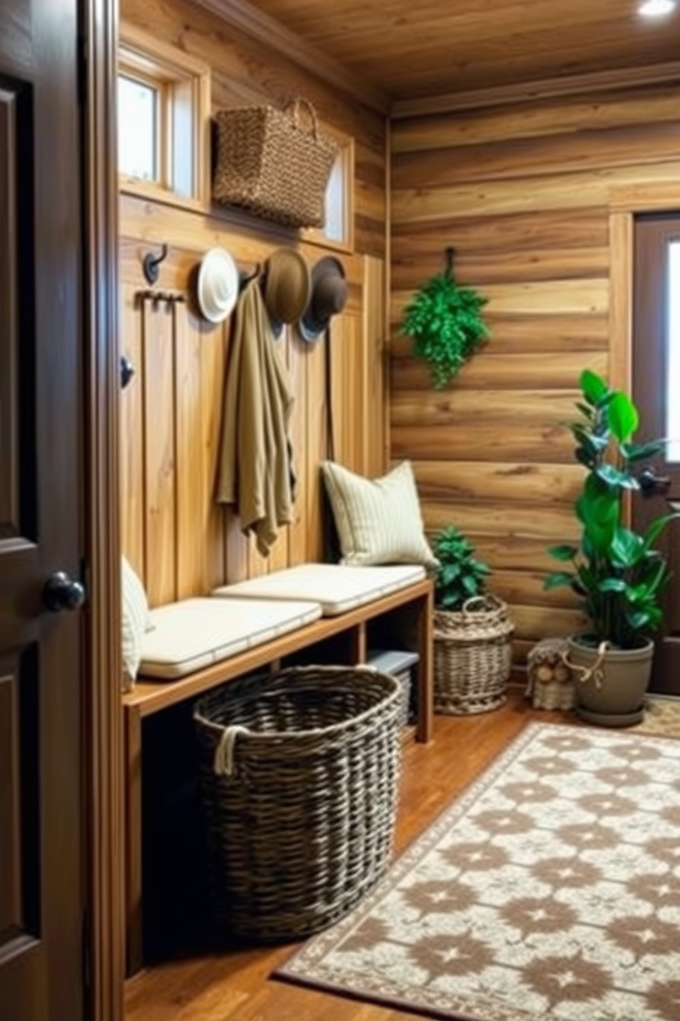 A cozy mudroom with natural wood accents creates a warm and inviting atmosphere. The space features a wooden bench with plush cushions, surrounded by hooks for coats and hats, all set against a backdrop of earthy tones. The floor is adorned with a durable patterned rug that complements the rustic theme. A large basket sits in the corner for storing shoes, and potted plants add a touch of greenery to enhance the natural charm.