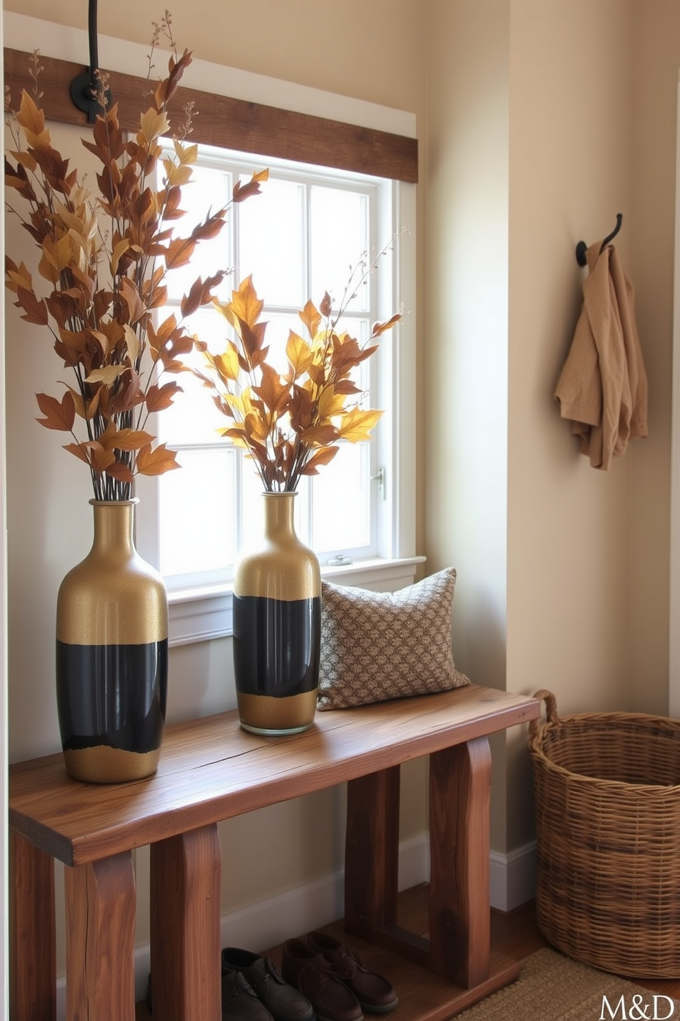 A cozy mudroom decorated for autumn features a collection of wall art showcasing vibrant fall leaves and seasonal quotes. The space includes a rustic bench with plush cushions and a woven basket filled with cozy blankets, inviting warmth and comfort.