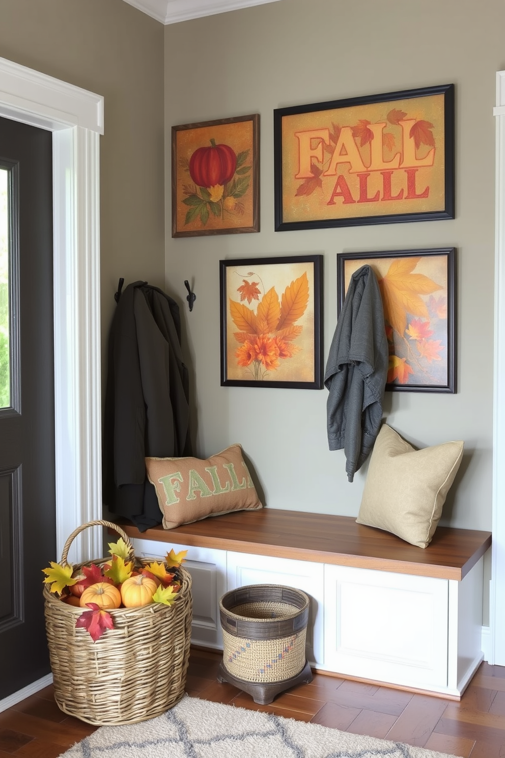 Soft colorful pillows in various textures and patterns are arranged on a cozy bench in the mudroom. The space features warm wood accents and a welcoming color palette that reflects the fall season. Decorative hooks are mounted on the wall to hold jackets and scarves, while a woven basket sits on the floor for shoes. A vibrant autumn-themed artwork is displayed above the bench, enhancing the inviting atmosphere.