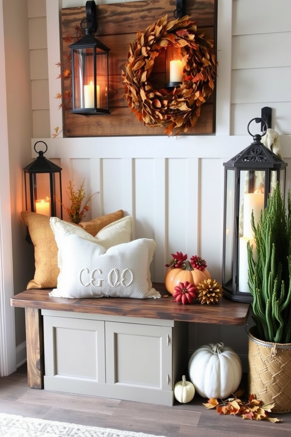 A cozy fall mudroom decorated with lanterns filled with flickering candles creates a warm and inviting atmosphere. The space features a rustic wooden bench adorned with plush cushions and a collection of seasonal decor, including pumpkins and autumn leaves.