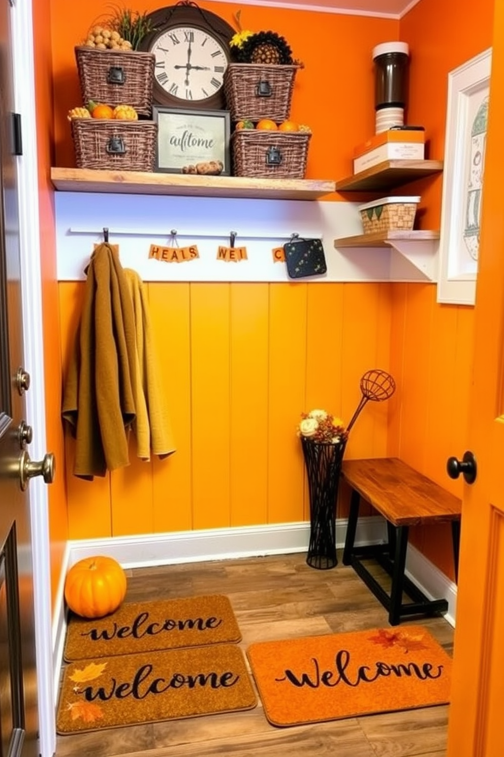 A cozy mudroom adorned with welcome mats featuring cheerful autumn messages. The space is filled with warm hues of orange and yellow, complemented by rustic wooden shelves and seasonal decor.