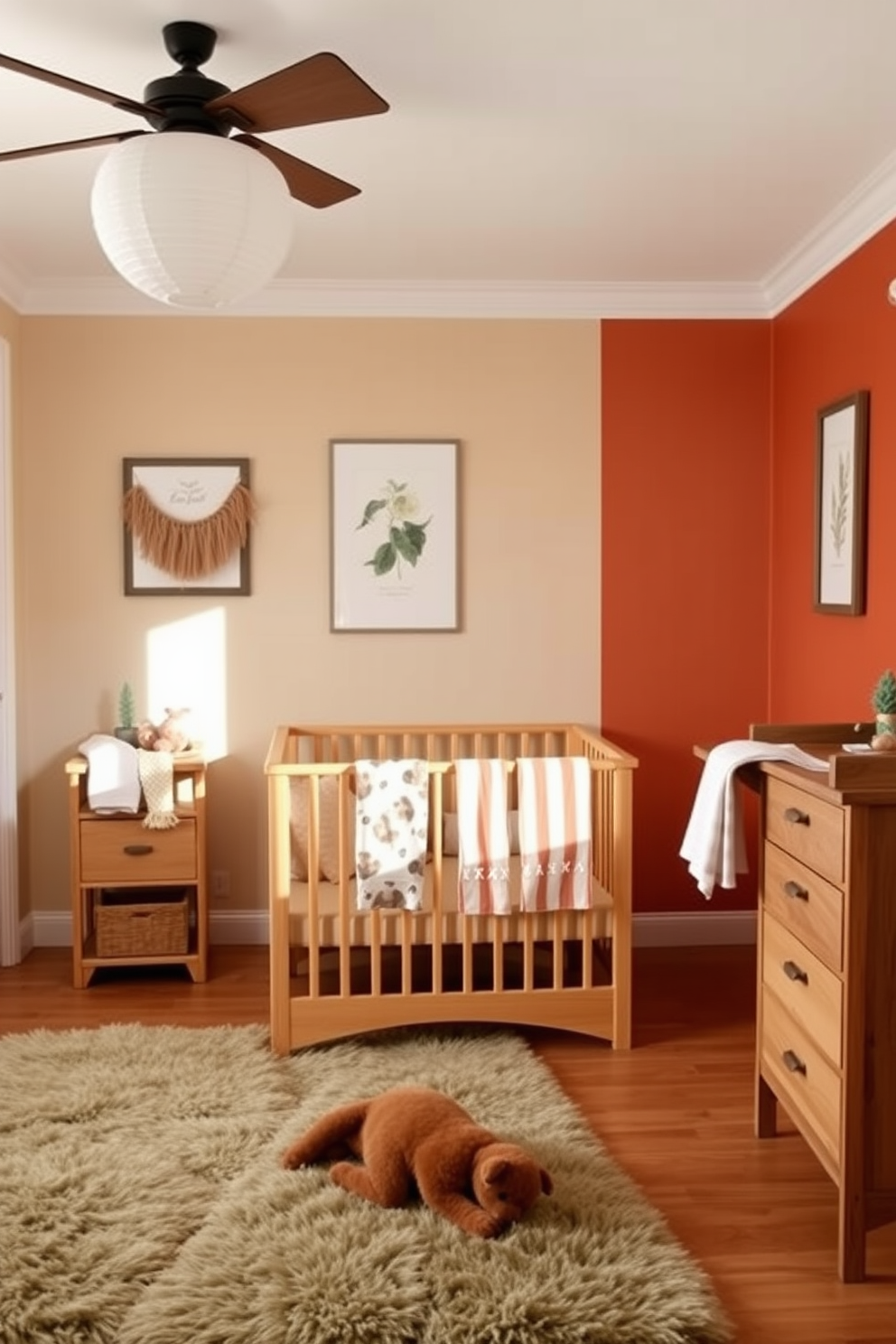 A cozy nursery designed with a warm earth tone color palette. Soft beige walls are complemented by a rich terracotta accent wall, creating a nurturing environment for a child. Natural wood furniture, including a crib and a changing table, adds warmth and texture to the space. Plush rugs in muted greens and browns provide comfort underfoot, inviting play and relaxation.