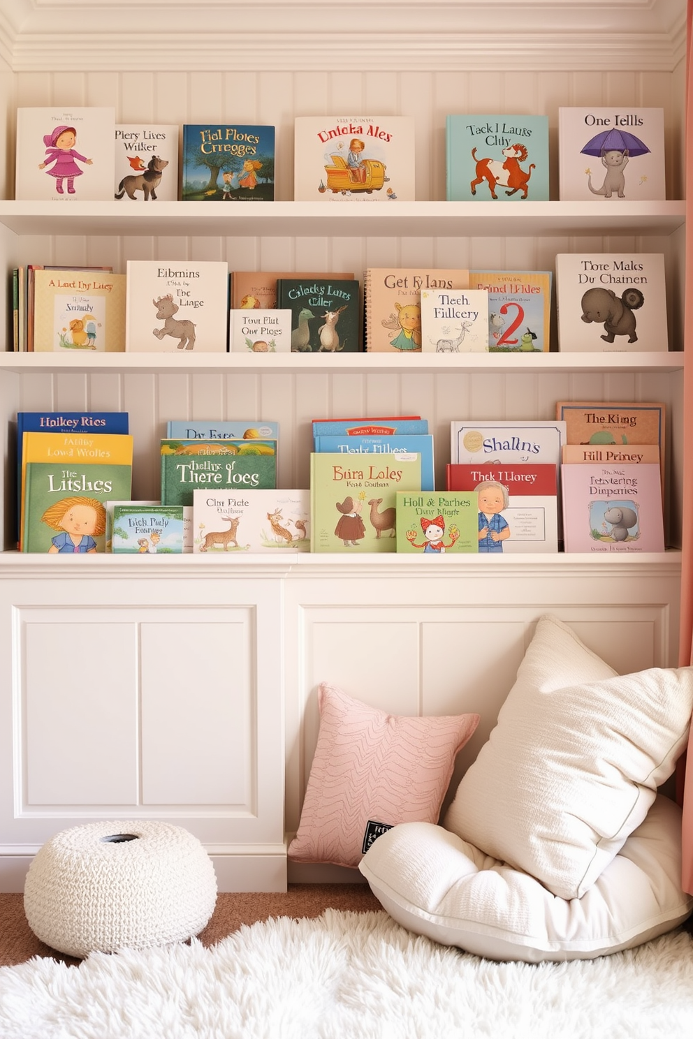 Classic storybook collections on shelves create a whimsical and inviting atmosphere. Soft pastel colors and plush textures enhance the charm of the nursery. Delicate wooden shelves are filled with beautifully illustrated storybooks, arranged by color. A cozy reading nook with a plush rug and oversized cushions invites quiet moments of imagination.