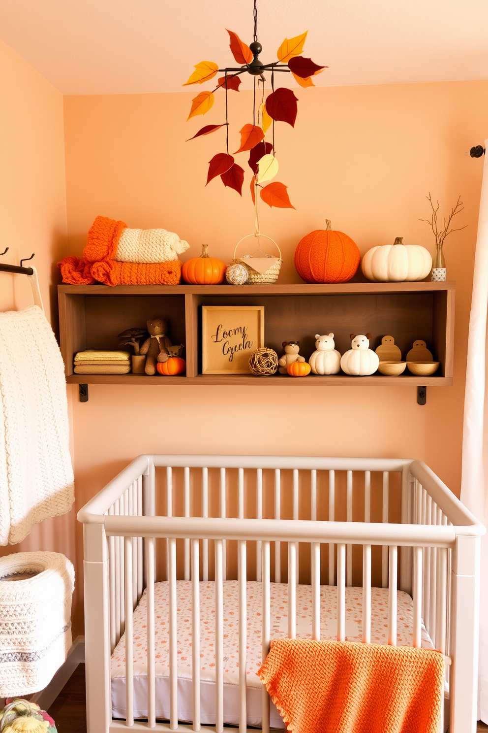 A cozy fall nursery filled with handmade crafts that add a personal touch. Soft, warm colors dominate the space with accents of orange and yellow, creating a welcoming atmosphere for a baby. Handcrafted decorations such as knitted blankets and wooden toys are thoughtfully arranged on shelves. A mobile made of felt leaves hangs above the crib, complementing the seasonal theme.