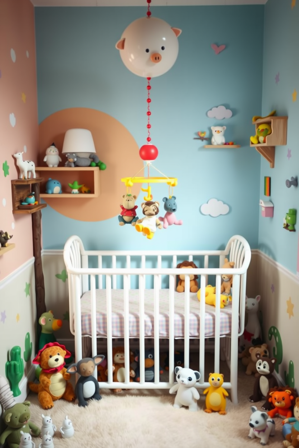 A whimsical nursery setting filled with playful animal figurines. The walls are painted in soft pastel colors, and a cozy crib sits in the corner adorned with a colorful mobile featuring various animals.