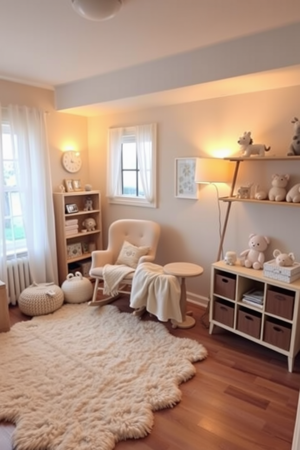 A cozy nursery filled with soft lighting from warm lamps. The walls are painted in a gentle pastel hue, and a plush area rug lies on the wooden floor. A comfortable rocking chair is positioned near a window, draped with a soft blanket. Cute animal-themed decor adorns the shelves, creating a whimsical atmosphere for the little one.