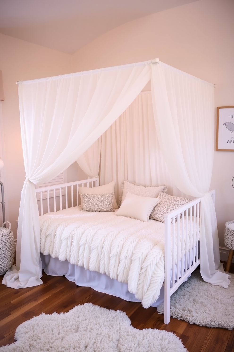 A serene nursery featuring a canopy bed draped in soft, flowing fabric creating a dreamy atmosphere. The walls are painted in a gentle pastel hue, and plush rugs cover the wooden floor, inviting comfort and warmth. The bed is adorned with an array of fluffy pillows and a cozy quilt, perfect for snuggling. Soft, ambient lighting from a stylish lamp enhances the tranquil vibe, while whimsical wall art adds a playful touch.