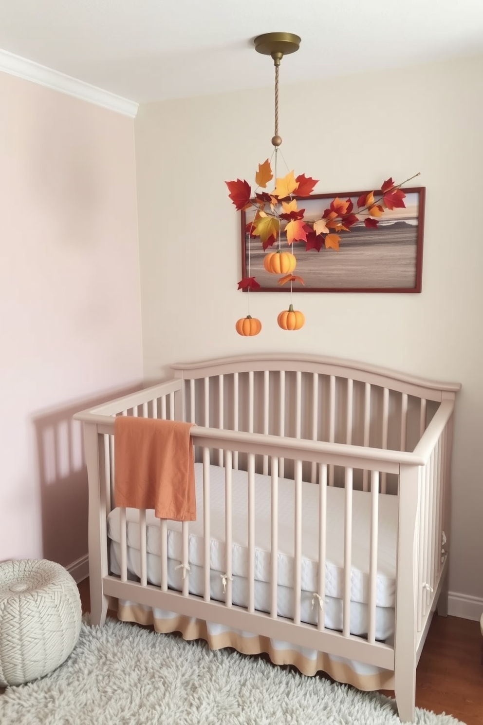 A cozy nursery featuring a crib adorned with a seasonal mobile that showcases autumn leaves and pumpkins. The walls are painted in soft pastel tones, and a plush area rug adds warmth to the space.