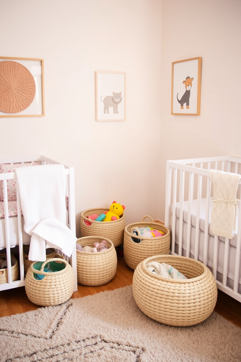 A cozy nursery filled with soft pastel colors. Decorative baskets made of natural fibers are neatly arranged in the corner, filled with colorful toys and blankets. The walls are adorned with playful animal-themed artwork. A plush area rug in muted tones adds warmth and comfort to the space.