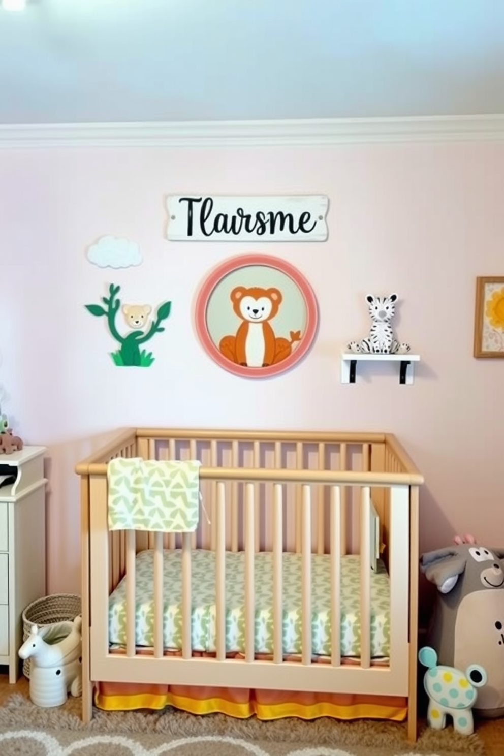 A whimsical nursery setting featuring a cozy crib adorned with personalized name art above it. The walls are painted in soft pastel colors, and playful animal-themed decor accents the room, creating a warm and inviting atmosphere.