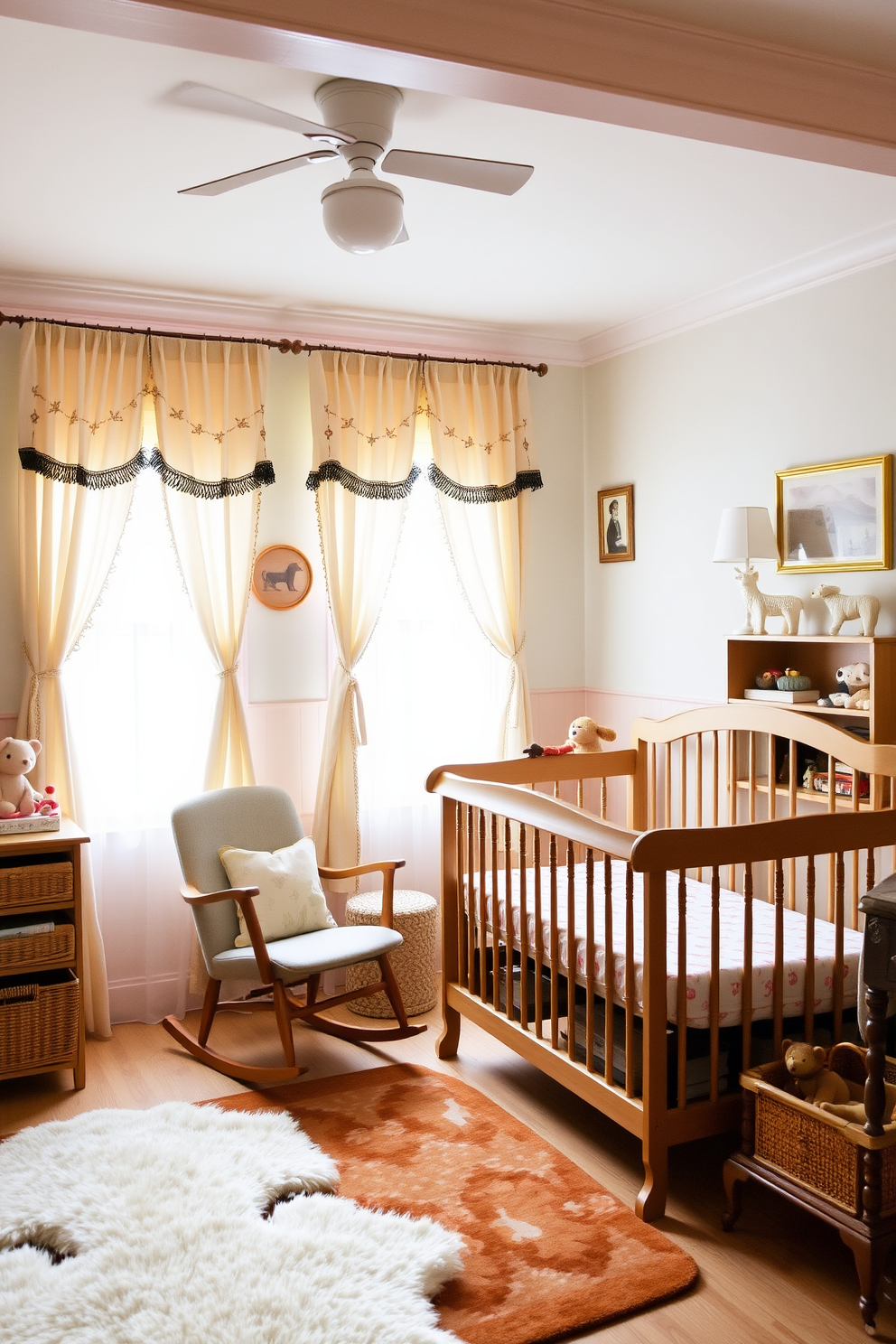 A cozy fall nursery with a changing table adorned with soft faux fur accents. The walls are painted in warm earth tones, and seasonal decorations like small pumpkins and autumn leaves add a charming touch.