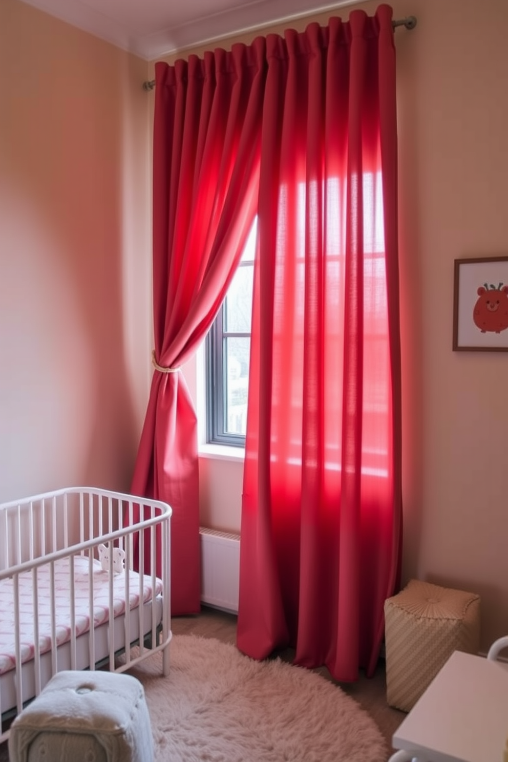 A cozy nursery filled with warmth and comfort. Soft, rich-colored curtains drape elegantly around the window, creating a serene atmosphere. The walls are painted in a gentle pastel hue, complementing the vibrant curtains. A plush area rug lies on the floor, providing a soft play space for the little one.