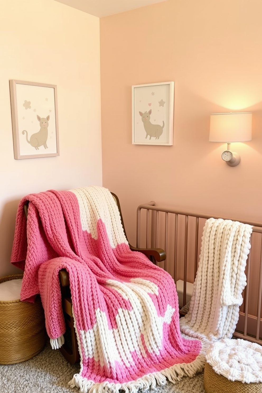 A cozy nursery filled with soft textures and warm colors. There are plush knit blankets draped over a rocking chair, creating an inviting space for relaxation. The walls are painted in soft pastel hues, complemented by whimsical wall art. A comfortable crib is adorned with matching knit blankets, providing a serene atmosphere for the little one.