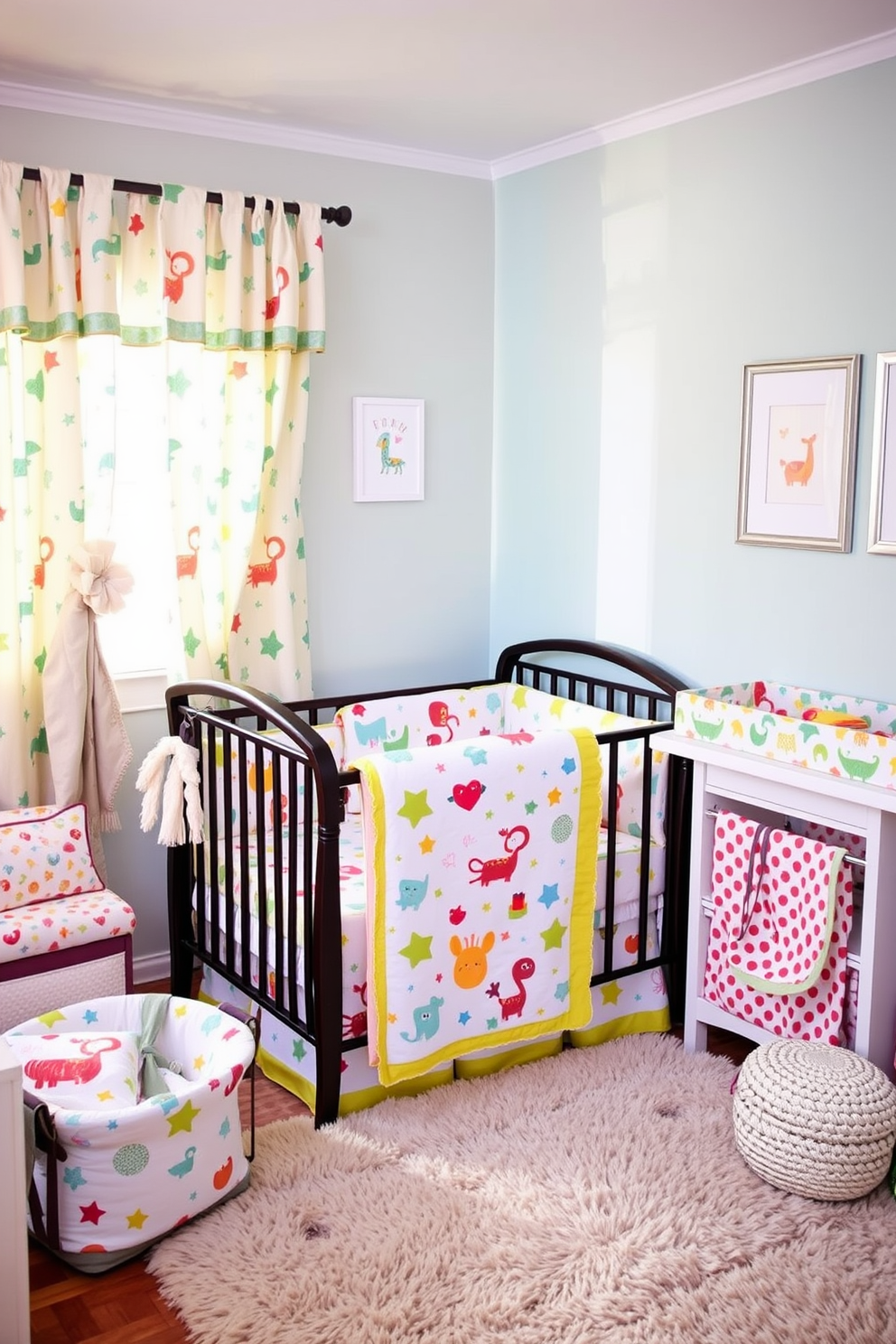 A cozy nursery filled with playful patterns on bedding sets. The crib is adorned with vibrant, whimsical prints featuring animals and stars, complemented by coordinating curtains that flutter gently in the breeze. Soft pastel colors dominate the walls, creating a serene backdrop for the lively decor. A plush area rug adds warmth to the space, while framed artwork with cheerful designs hangs above the changing table.