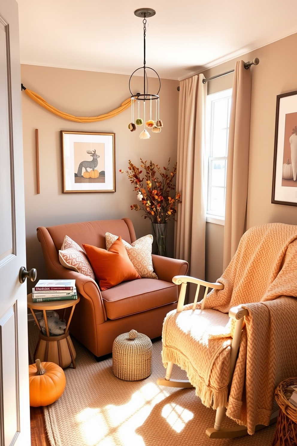 A cozy reading nook is created with a plush armchair upholstered in soft fabric nestled in the corner of a sunlit room. Surrounding the chair are colorful cushions in various patterns, and a small side table holds a stack of books and a steaming cup of tea. For the fall nursery, warm tones of orange and yellow dominate the decor, with a whimsical mobile hanging above the crib. Soft, textured blankets are draped over a rocking chair, and seasonal artwork adorns the walls to create a welcoming atmosphere.