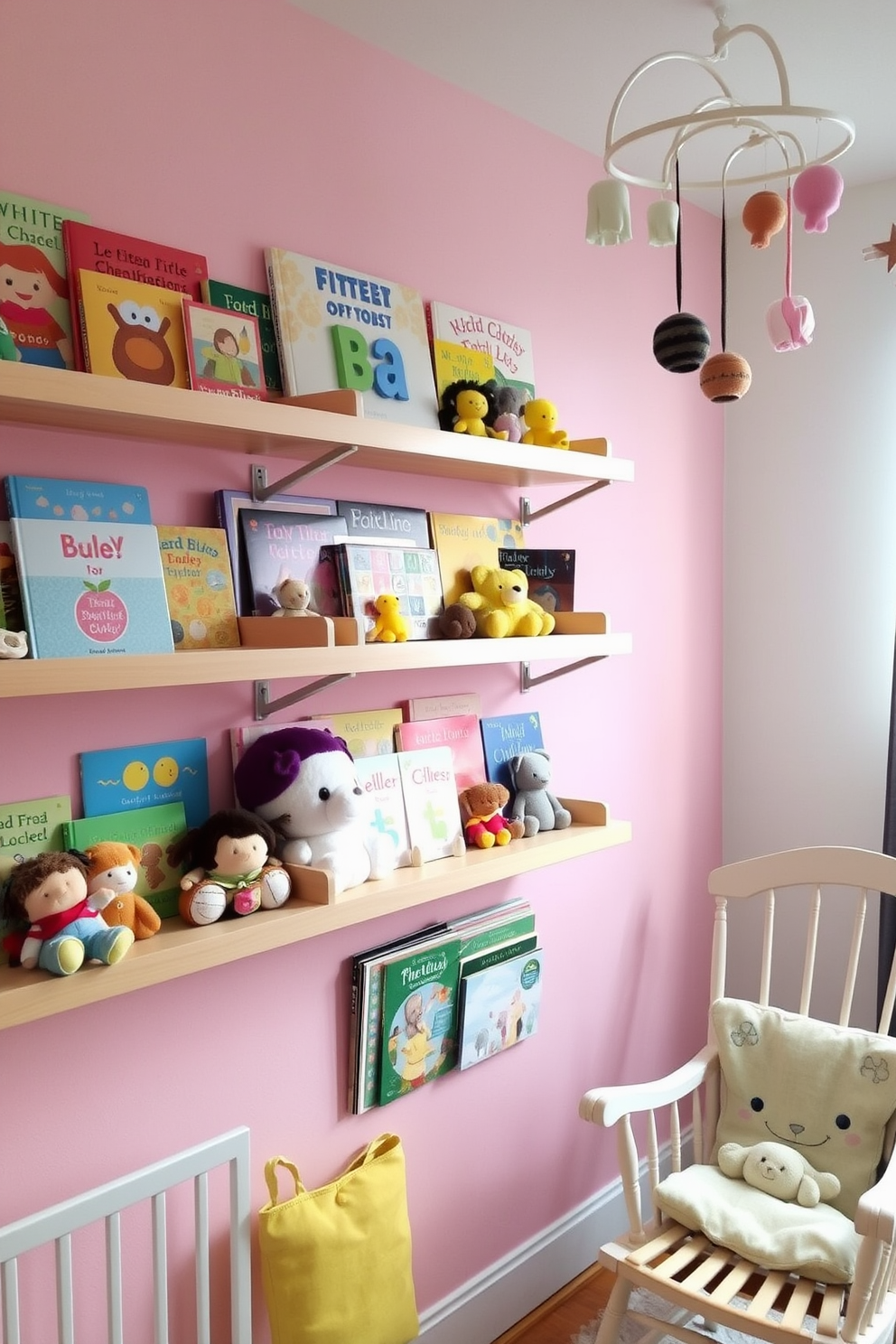 A cozy nursery featuring wall-mounted bookshelves filled with colorful children's books and plush toys. The walls are painted in soft pastel colors, creating a warm and inviting atmosphere for little ones. The shelves are made of light wood, providing a natural touch to the room, while a comfortable rocking chair is positioned nearby. A whimsical mobile hangs from the ceiling, adding a playful element to the space.