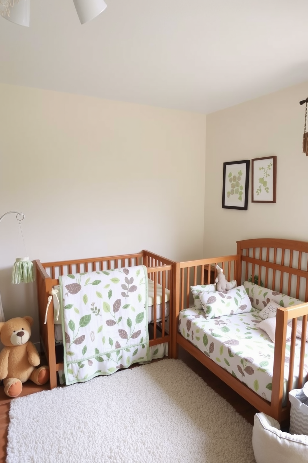 A cozy nursery adorned with handmade quilts in rich fall colors. The walls are painted a soft cream, and a wooden crib is positioned against one wall, topped with a patchwork quilt featuring warm oranges, deep reds, and golden yellows. A plush rocking chair sits in the corner, draped with a coordinating throw blanket. The floor is covered in a soft area rug, and a mobile with autumn-themed decorations hangs above the crib, creating a warm and inviting atmosphere.