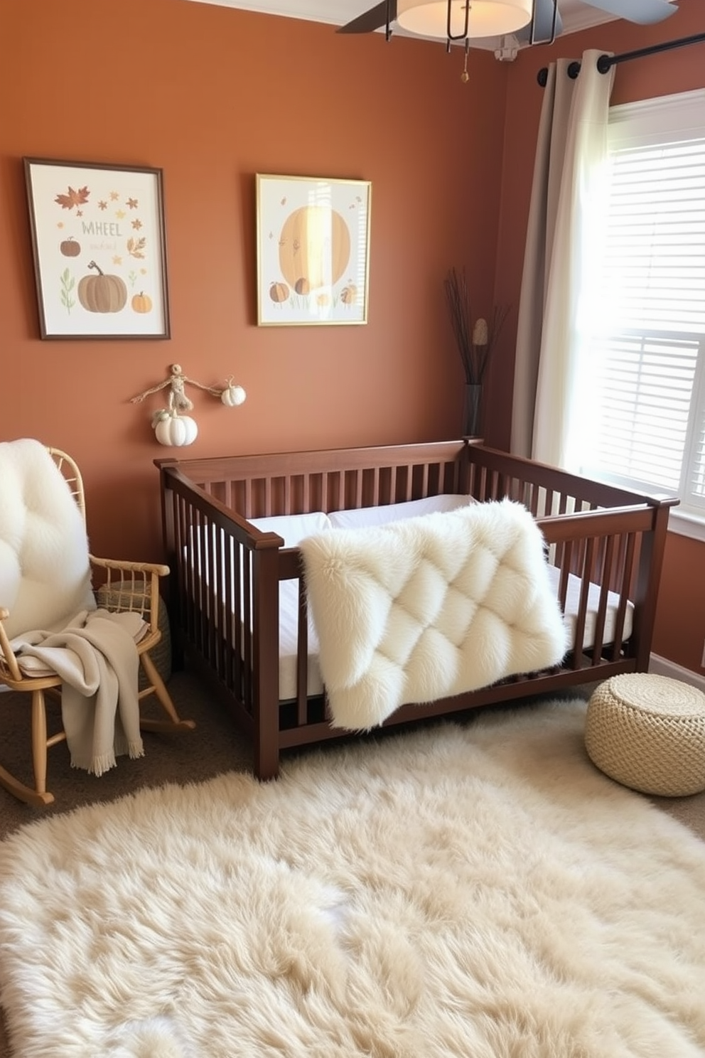 A cozy fall nursery decorated with soft faux fur accents to create a luxurious atmosphere. The room features a plush faux fur rug in neutral tones, complemented by a stylish rocking chair draped with a matching faux fur throw. The walls are painted in a warm, inviting shade, adorned with whimsical autumn-themed artwork. A wooden crib is dressed in high-quality linens, with a faux fur blanket neatly folded at the foot for added warmth and texture.