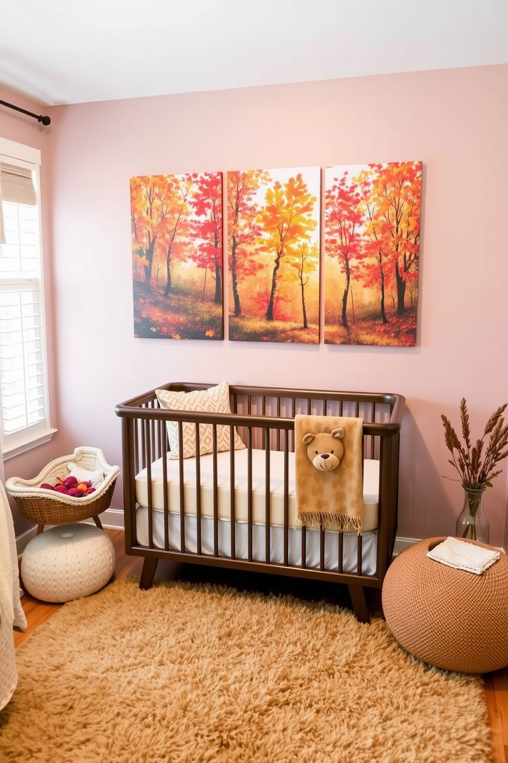 A cozy nursery adorned with vintage books that tell enchanting fall stories. Soft, warm lighting casts a gentle glow over a plush rocking chair nestled beside a wooden bookshelf filled with classic tales. Rich autumn colors dominate the decor, with deep oranges and muted browns creating a welcoming atmosphere. A whimsical mobile featuring leaves and acorns hangs above a crib dressed in soft, earthy-toned linens.