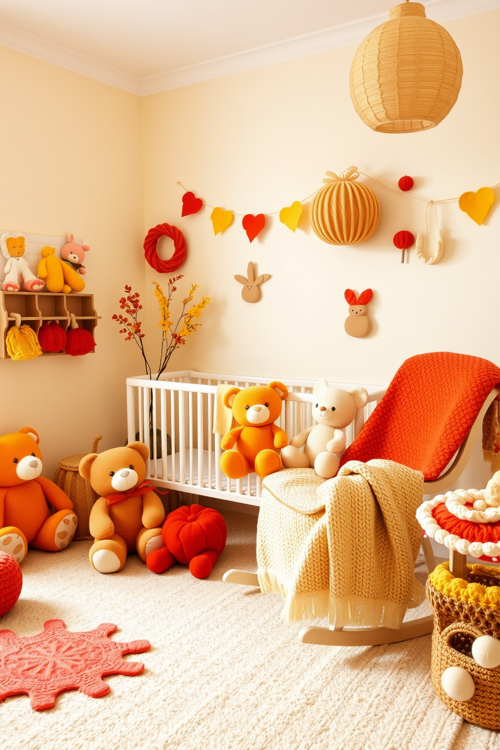 A cozy nursery adorned with soft toys in warm autumn colors. The walls are painted in a gentle cream hue, creating a serene backdrop for the cheerful decorations. Plush teddy bears, bunnies, and other soft toys are scattered around the room, each showcasing shades of orange, yellow, and deep red. A comfortable rocking chair sits in the corner, draped with a knitted blanket in complementary colors.