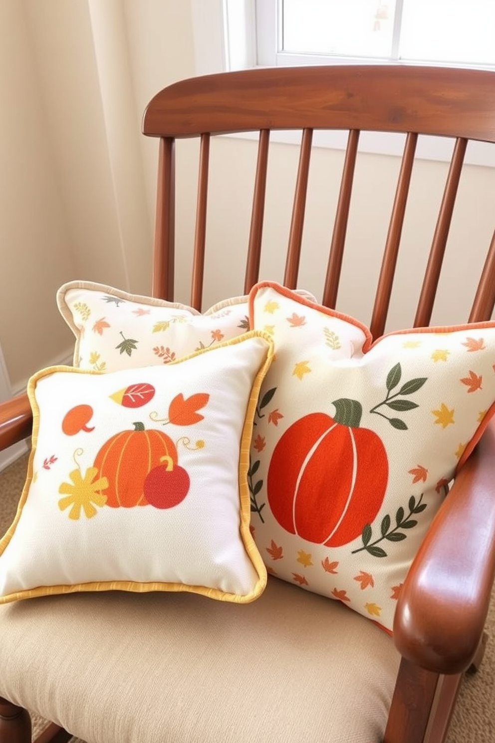 Decorative pillows adorned with seasonal motifs are arranged on a cozy nursery rocking chair. The pillows feature warm colors and playful patterns, creating a welcoming atmosphere for both parents and their little ones. Soft textures and gentle designs enhance the comfort of the space while reflecting the beauty of fall. The nursery is filled with natural light, highlighting the vibrant hues of the pillows against a backdrop of neutral walls.