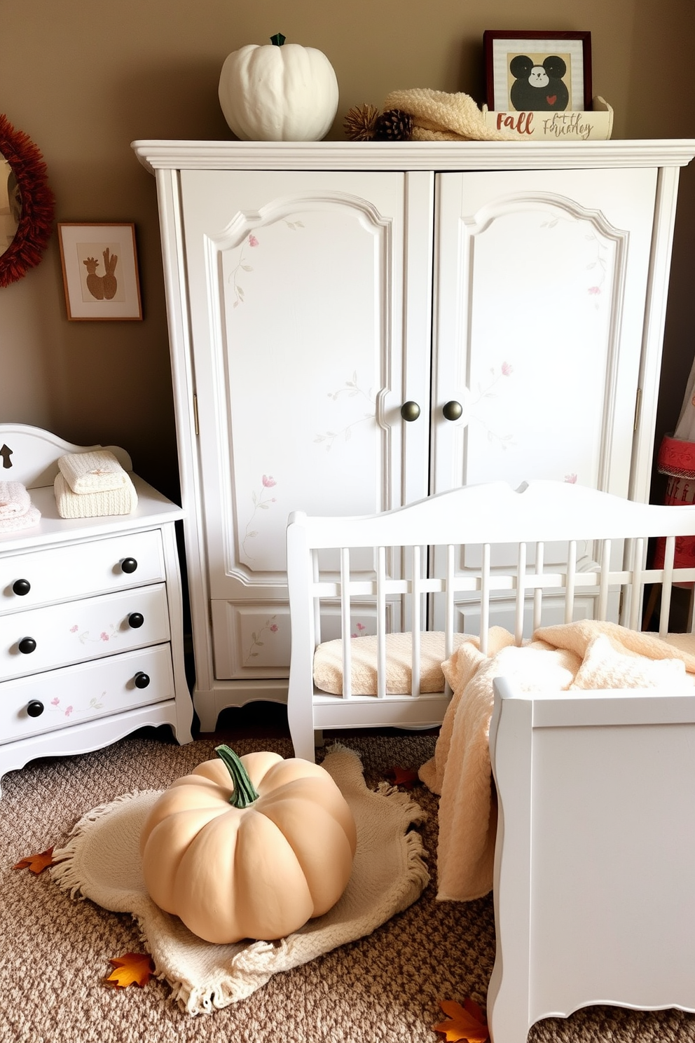 A cozy fall nursery featuring knitted baby blankets in warm hues such as soft browns, rust, and mustard yellow. The blankets are draped over a plush rocking chair beside a wooden crib adorned with autumn-themed bedding.