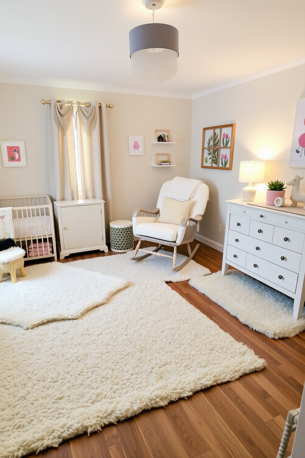 A cozy nursery adorned with soft plush area rugs that provide comfort and warmth. The room features pastel-colored walls, a comfortable rocking chair, and whimsical decor that creates a serene environment for a baby. The rugs are layered for added texture, with one large neutral rug complemented by smaller patterned rugs. Soft lighting from a stylish lamp casts a gentle glow, enhancing the inviting atmosphere of the space.