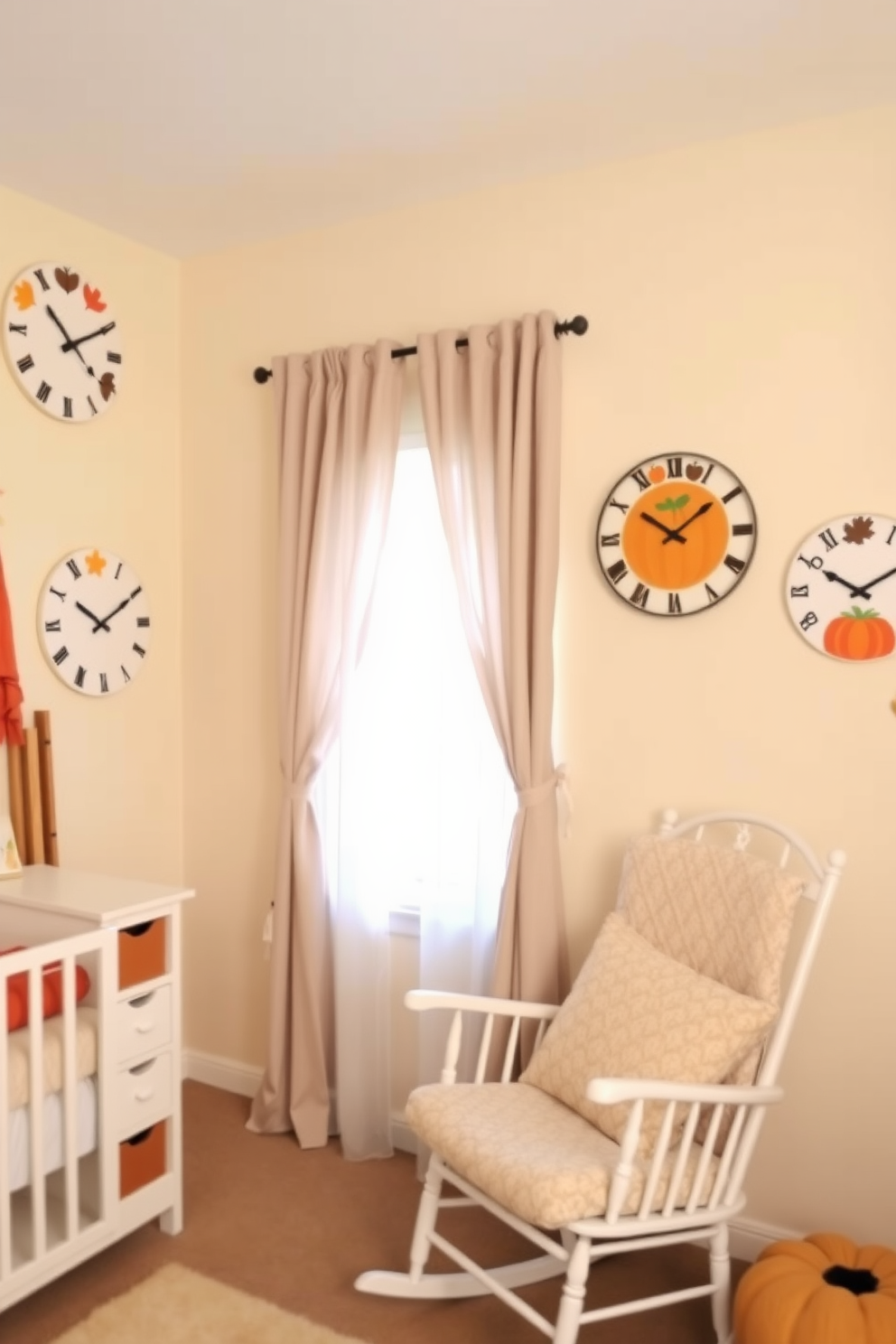 A cozy nursery featuring fun wall clocks with autumn themes. The walls are painted in soft pastel colors, and the clocks display playful designs of leaves, pumpkins, and acorns. A comfortable rocking chair is positioned near a window adorned with sheer curtains. Plush cushions in warm tones complement the autumn-themed decor throughout the room.